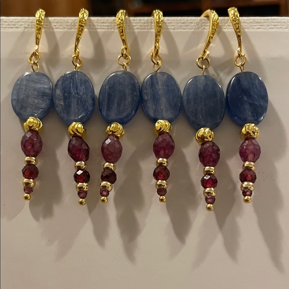 Handmade Garnet and Kyanite Gold Dangle Earrings